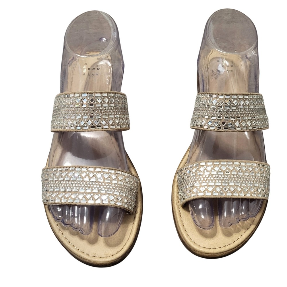 Womens 7 Tan Rhinestone Embellished Double Strap Slide Flat Sandals Dressy Glam
